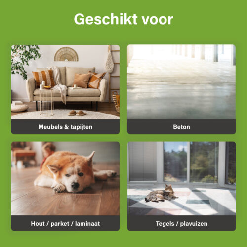 Overzichtsafbeelding met vier voorbeelden van oppervlakken waarop UF2000 gebruikt kan worden: meubels en tapijten, beton, hout/parket/laminaat en tegels/plavuizen.